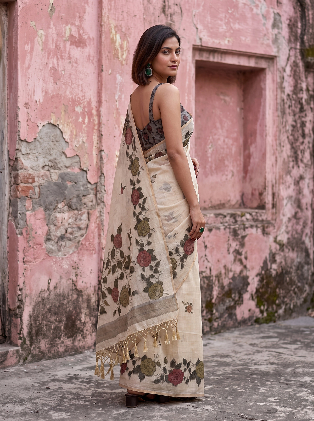 MIMOSA Grey Banarasi Linen Saree — close-up of model's torso and hand with ring