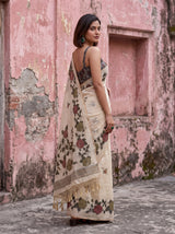 MIMOSA Grey Banarasi Linen Saree — close-up of model's torso and hand with ring