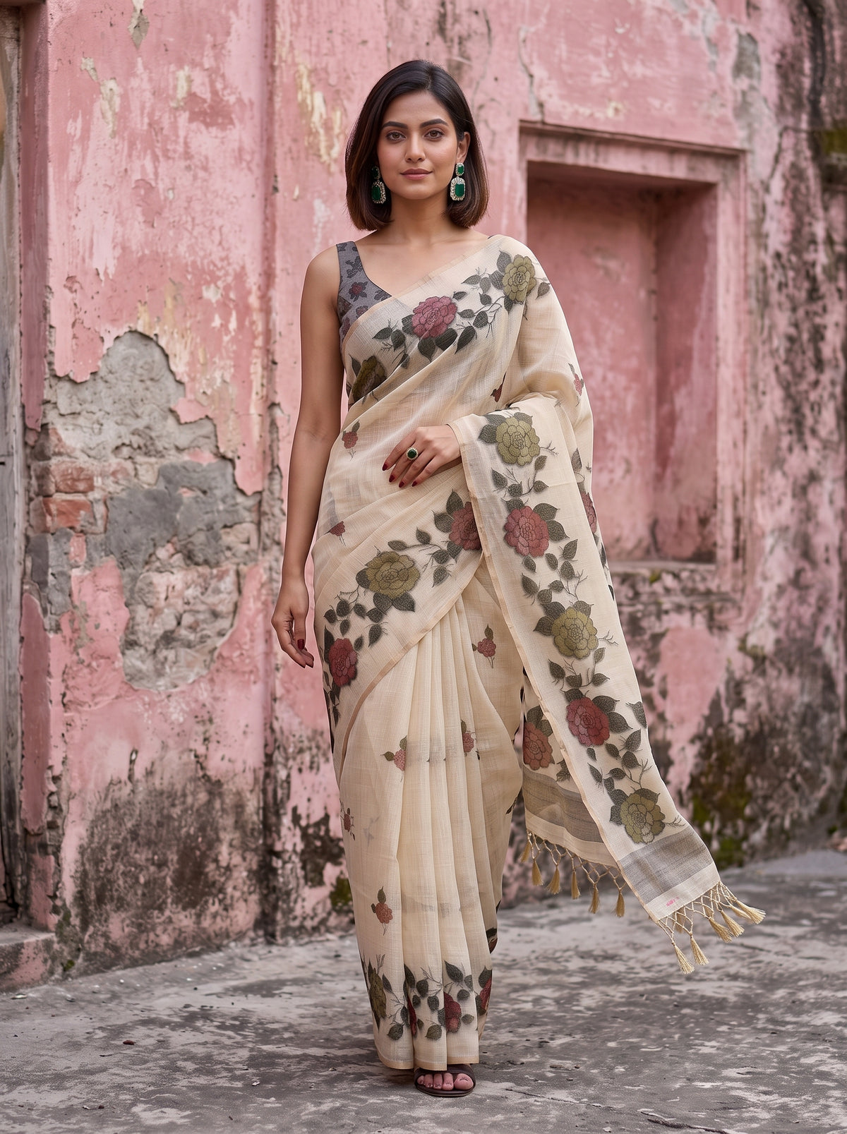 MIMOSA Grey Banarasi Linen Saree — close-up of model's mid-section