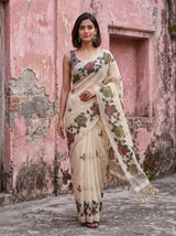 MIMOSA Grey Banarasi Linen Saree — close-up of model's mid-section