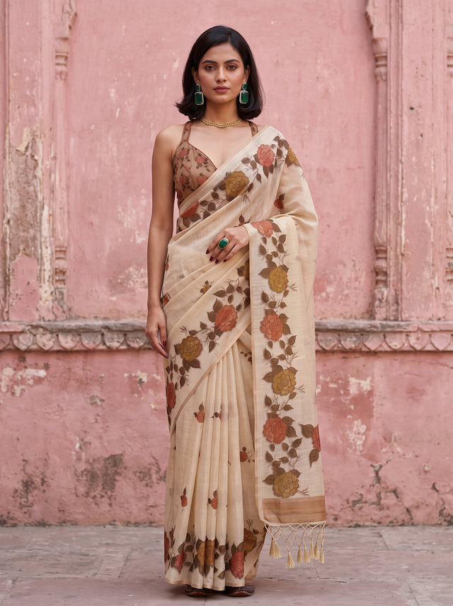 MIMOSA Mehndi Banarasi Linen Saree — full length pose