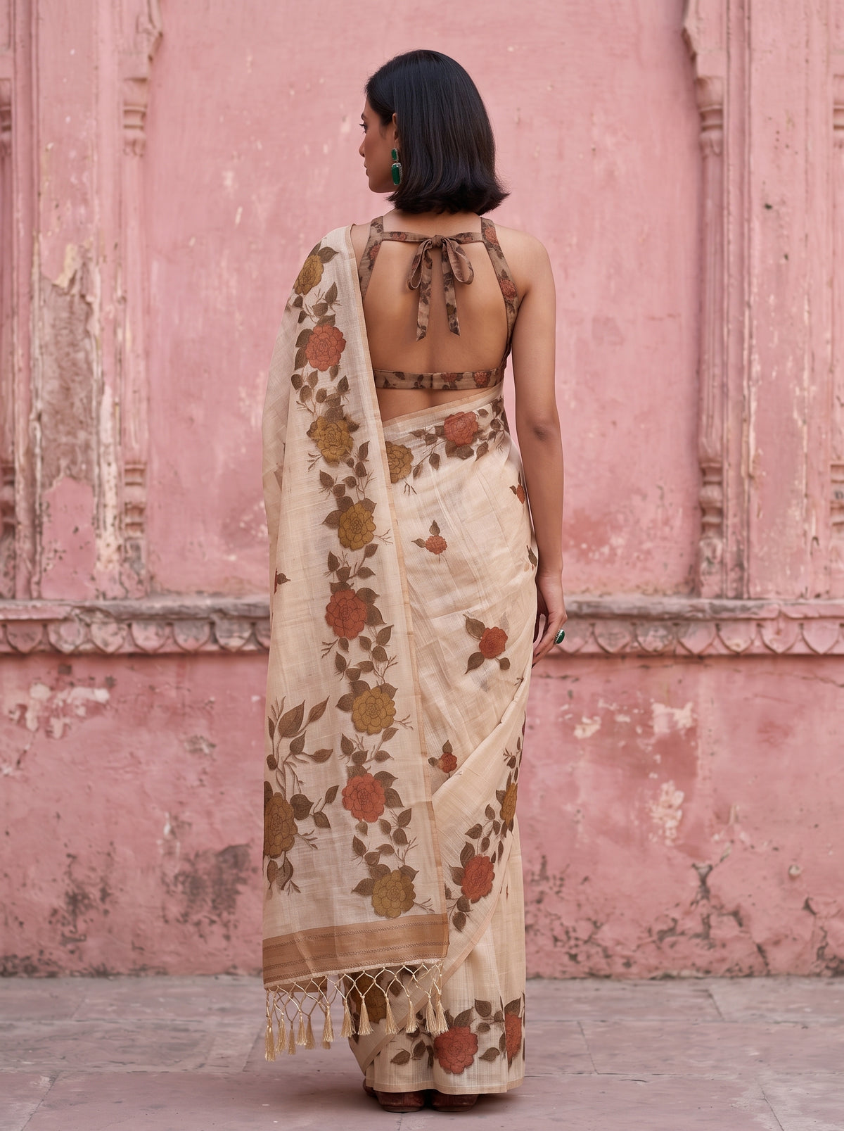 MIMOSA Mehndi Banarasi Linen Saree — close-up of model's face