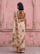 MIMOSA Mehndi Banarasi Linen Saree — close-up of model's face