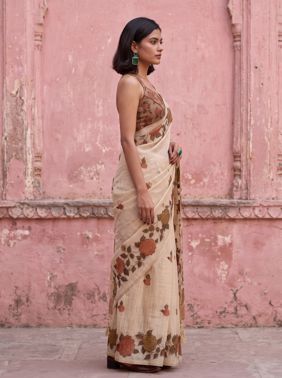 MIMOSA Mehndi Banarasi Linen Saree — close-up of model's arm