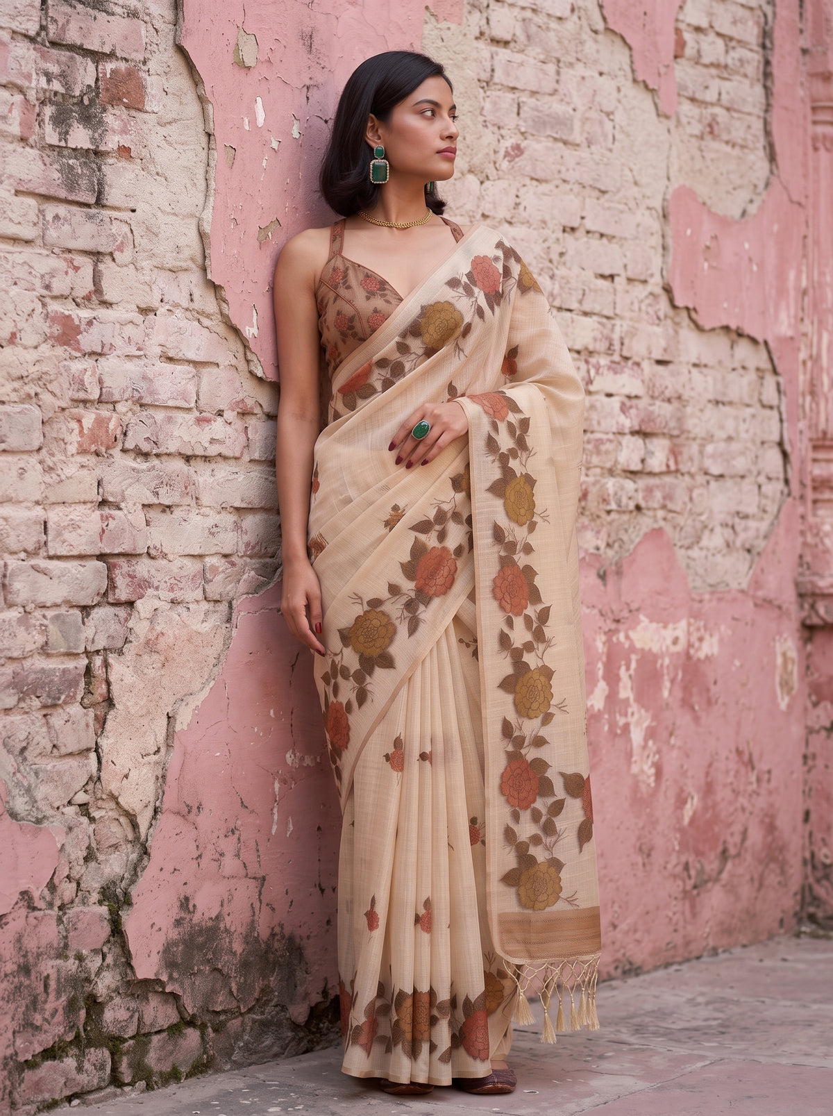 MIMOSA Mehndi Banarasi Linen Saree — close-up of model's mid-section