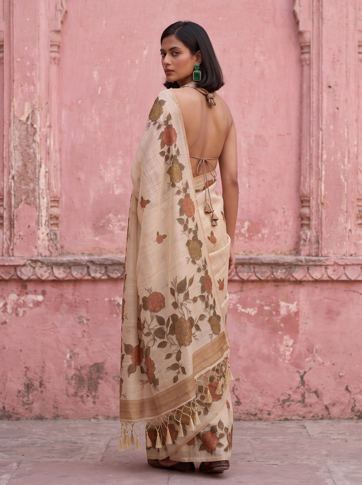 MIMOSA Mehndi Banarasi Linen Saree — close-up of model's feet