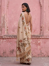 MIMOSA Mehndi Banarasi Linen Saree — close-up of model's feet