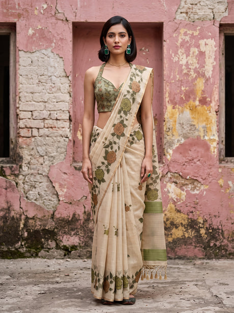 MIMOSA Olive Banarasi Linen Saree — full length pose