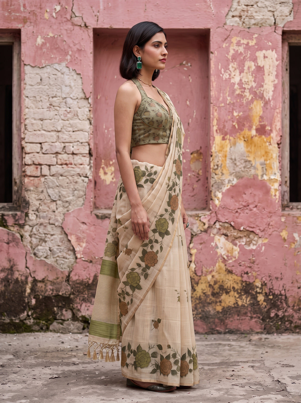 MIMOSA Olive Banarasi Linen Saree — close-up of model's arm
