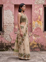 MIMOSA Olive Banarasi Linen Saree — close-up of model's arm