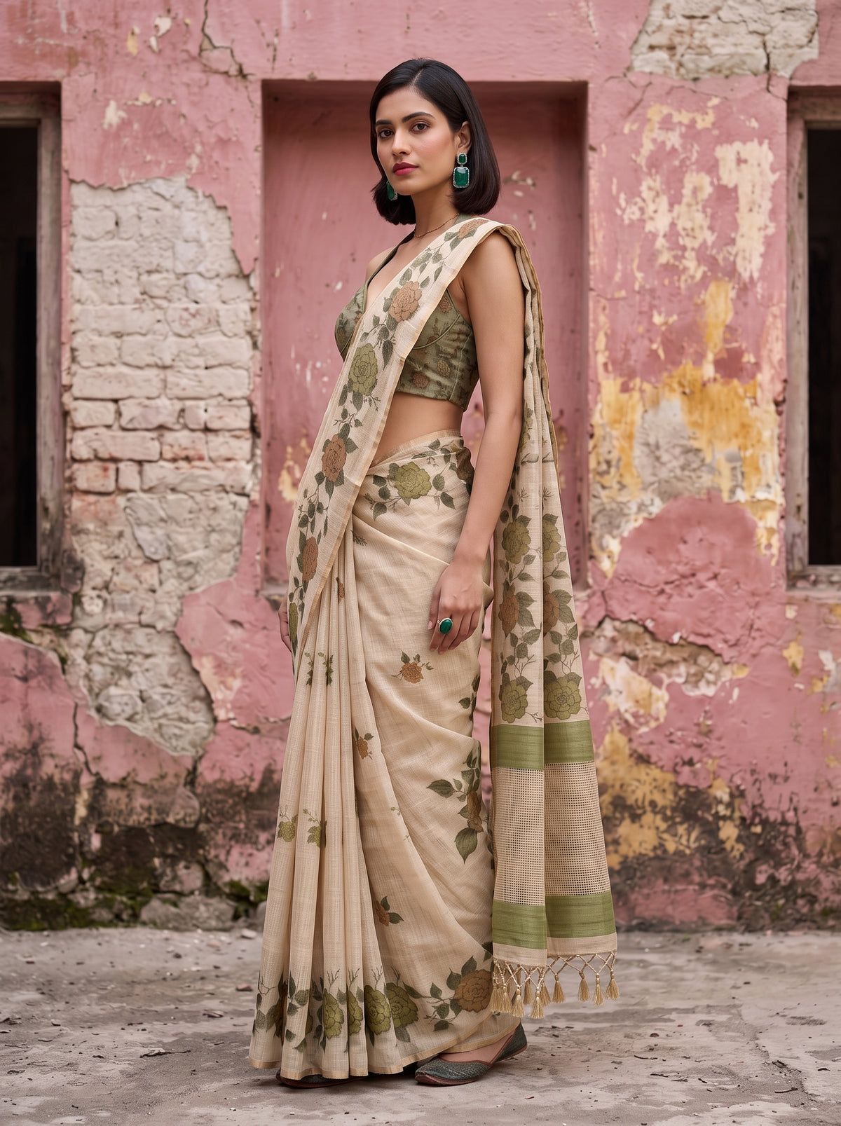 MIMOSA Olive Banarasi Linen Saree — close-up of model's mid-section
