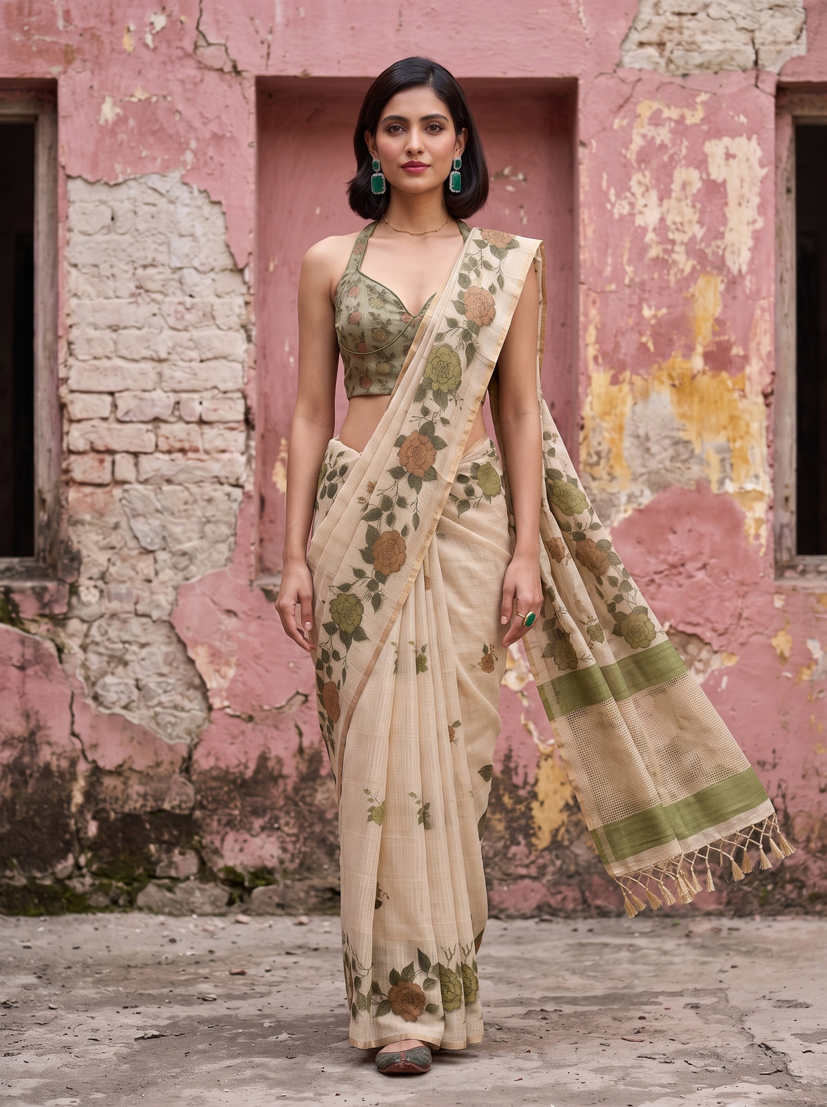 MIMOSA Olive Banarasi Linen Saree — close-up of model's feet