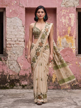MIMOSA Olive Banarasi Linen Saree — close-up of model's feet
