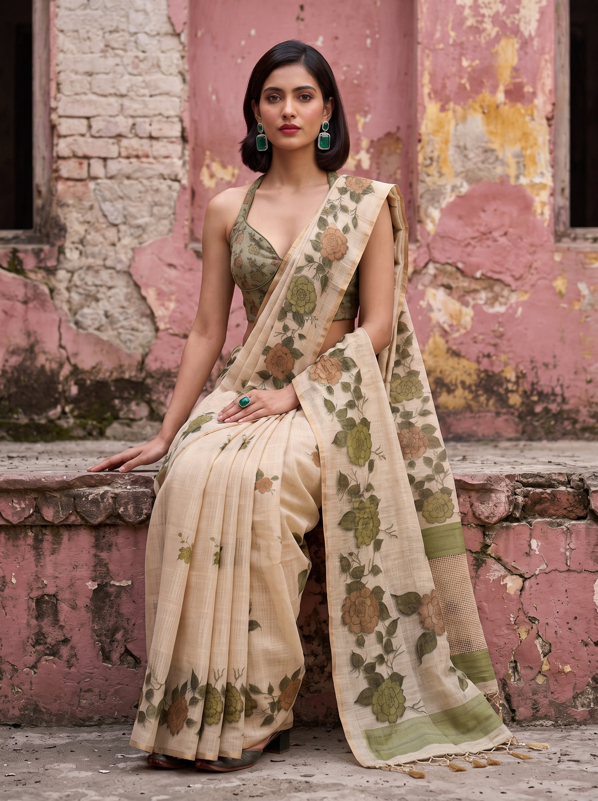 MIMOSA Olive Banarasi Saree — pose 8 styling detail