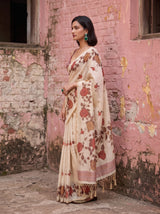 MIMOSA Pink Banarasi Linen Saree — close-up of model's arm
