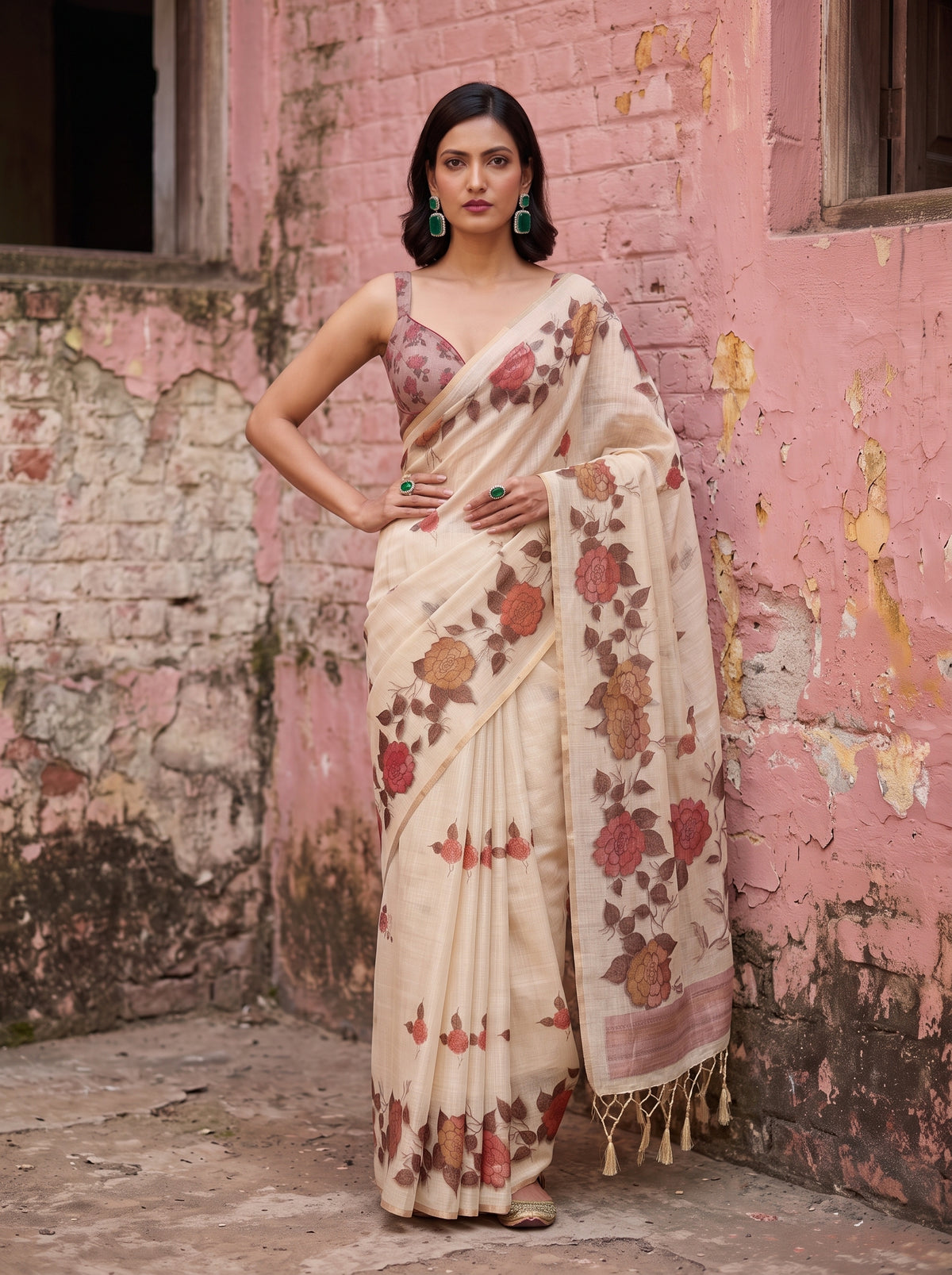 MIMOSA Pink Banarasi Linen Saree — close-up of model's torso and hand with ring