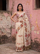 MIMOSA Pink Banarasi Linen Saree — close-up of model's torso and hand with ring