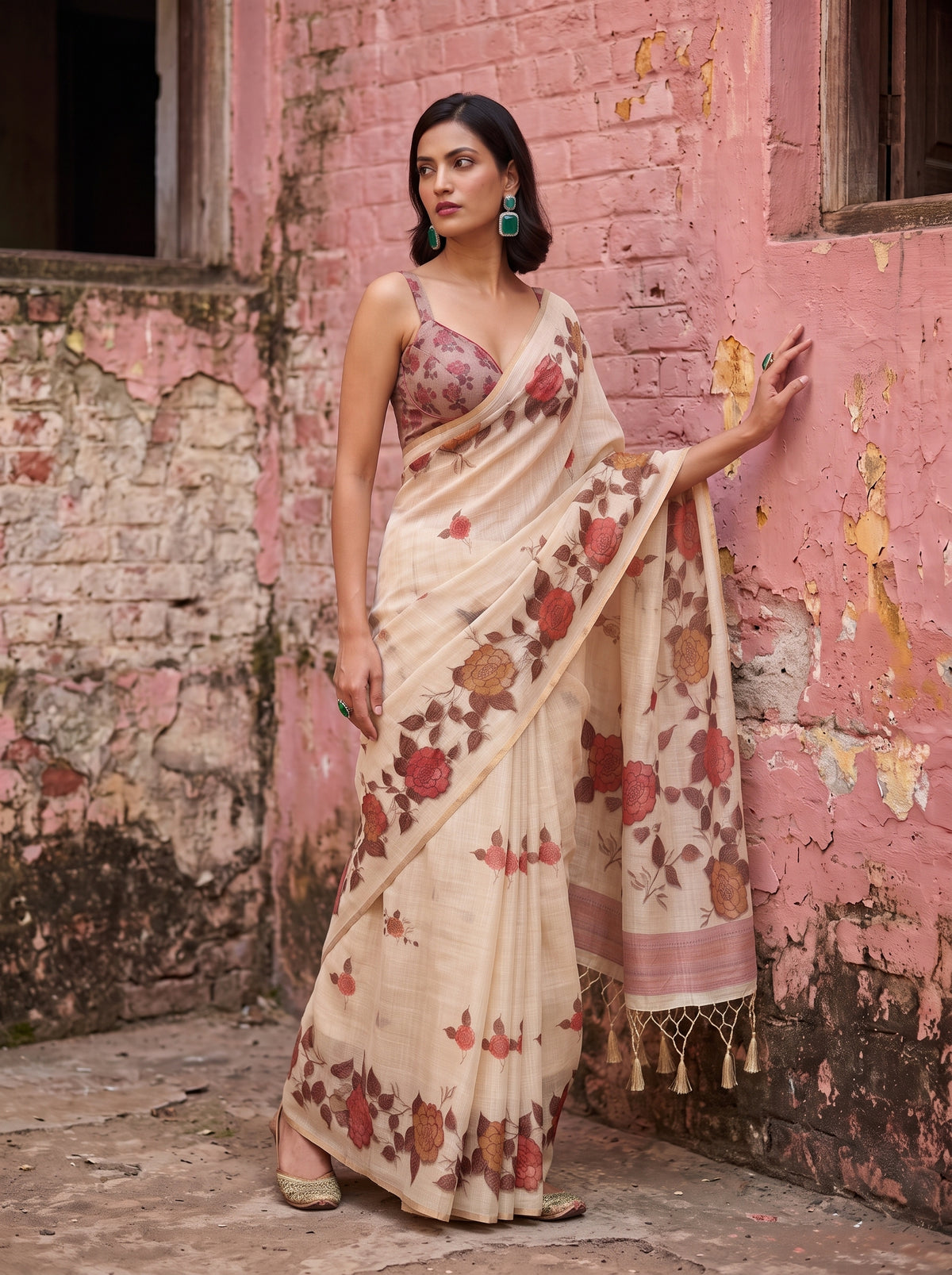 MIMOSA Pink Banarasi Linen Saree — close-up of model's mid-section