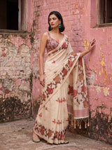 MIMOSA Pink Banarasi Linen Saree — close-up of model's mid-section