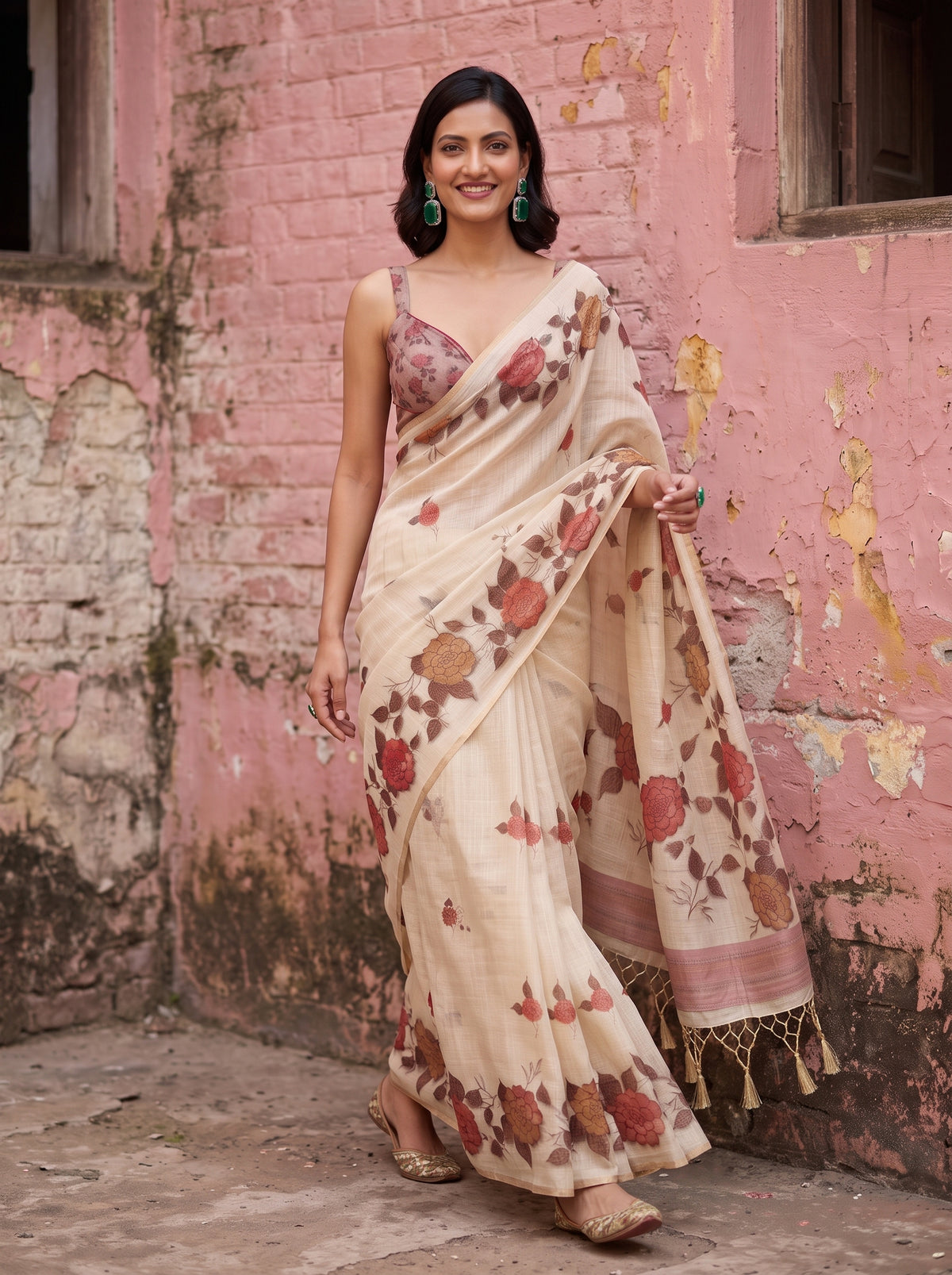 MIMOSA Pink Banarasi Linen Saree — close-up of model's feet