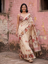 MIMOSA Pink Banarasi Linen Saree — close-up of model's feet