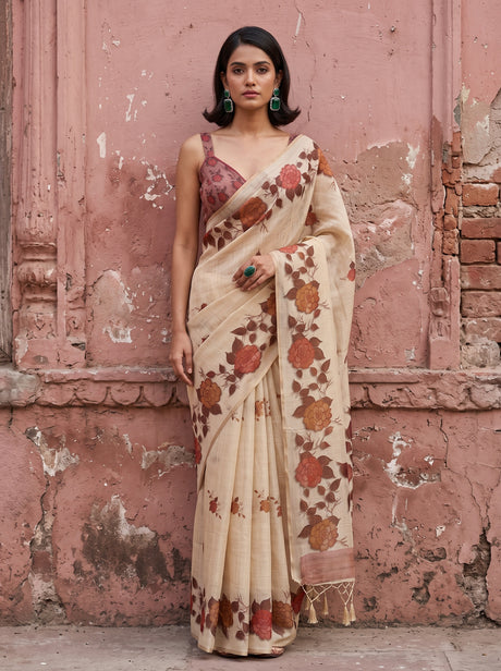 MIMOSA Strawberry Banarasi Linen Saree — full length pose