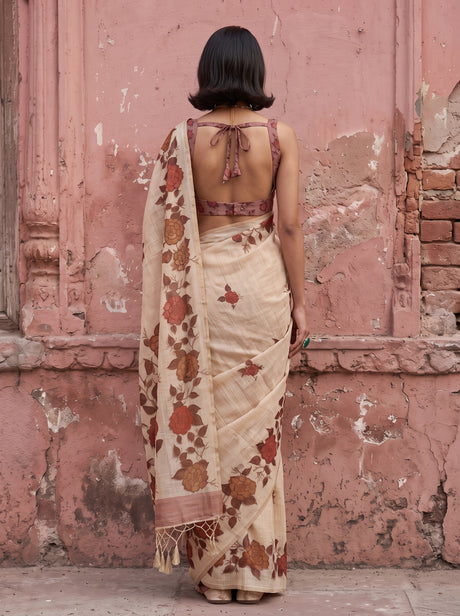 MIMOSA Strawberry Banarasi Linen Saree — close-up of model's face