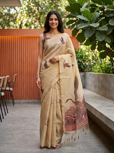 MIMOSA Peach Banarasi Saree — front view on mannequin