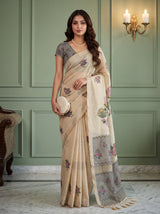 MIMOSA Grey Banarasi Linen Saree — AI Model lifestyle pose