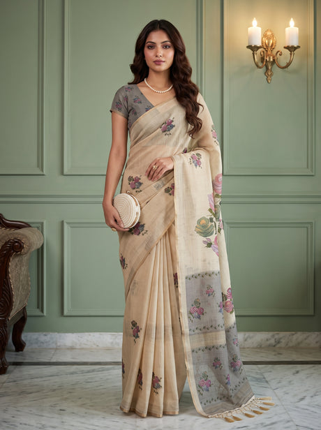 MIMOSA Grey Banarasi Linen Saree — AI Model lifestyle pose