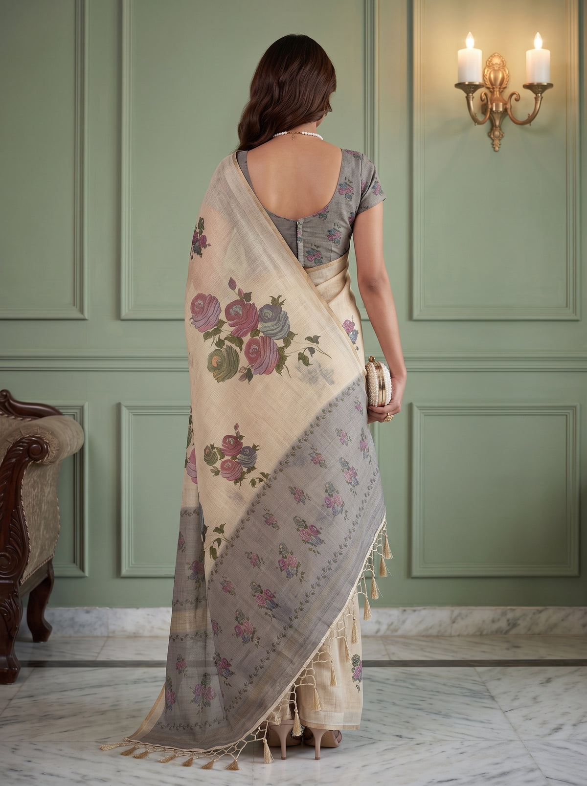 MIMOSA Grey Banarasi Linen Saree — saree shot pallu and body