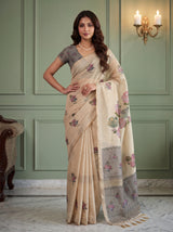 MIMOSA Grey Banarasi Linen Saree — pose 4 styling detail