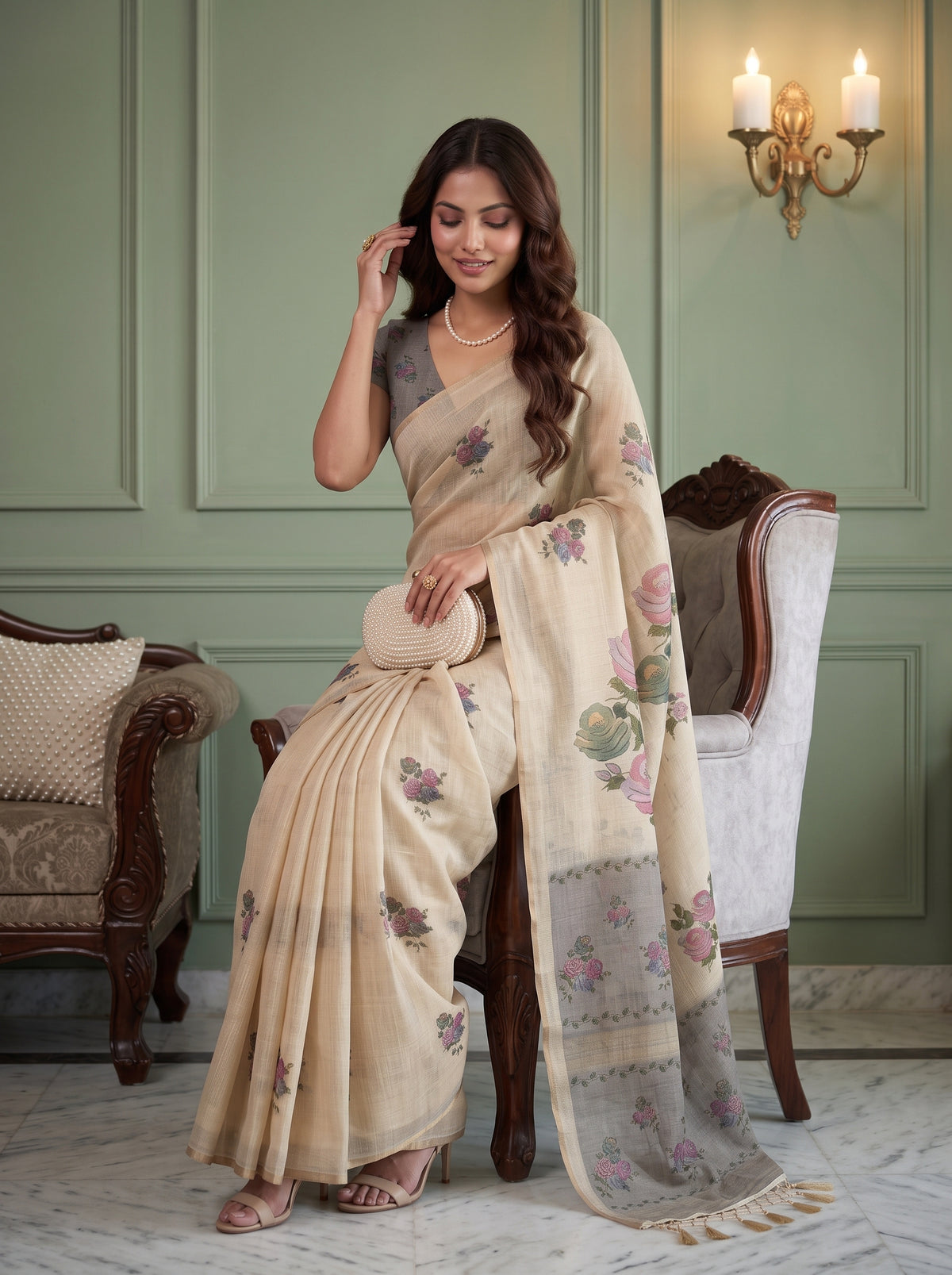 MIMOSA Grey Banarasi Linen Saree — pose 8 styling detail