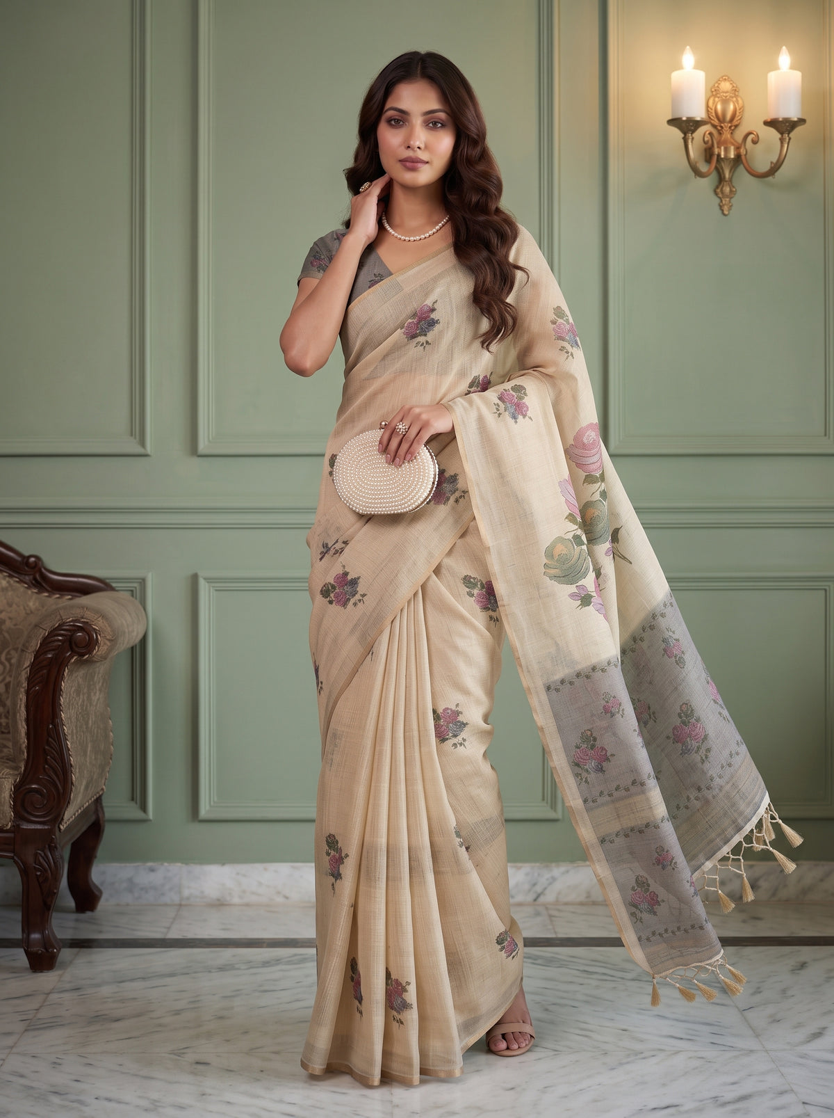 MIMOSA Grey Banarasi Linen Saree — pose 9 styling detail