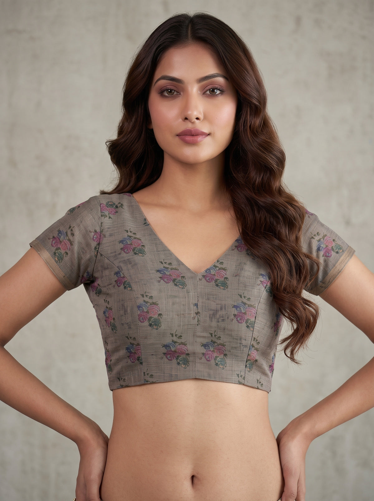 MIMOSA Grey Banarasi Linen Saree — blouse close-up