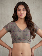 MIMOSA Grey Banarasi Linen Saree — blouse close-up