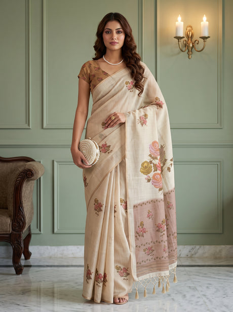 MIMOSA Mustard Banarasi Linen Saree — AI Model lifestyle pose
