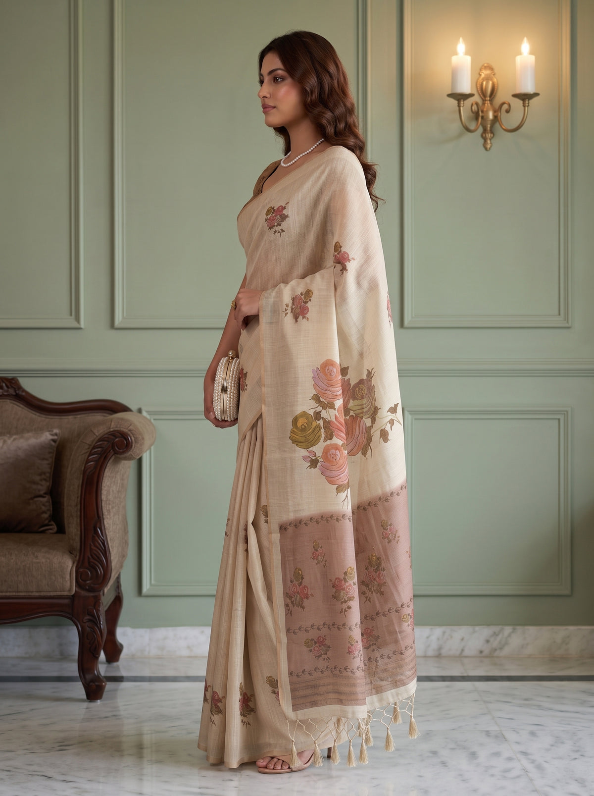 MIMOSA Mustard Banarasi Linen Saree — pose 3 styling detail