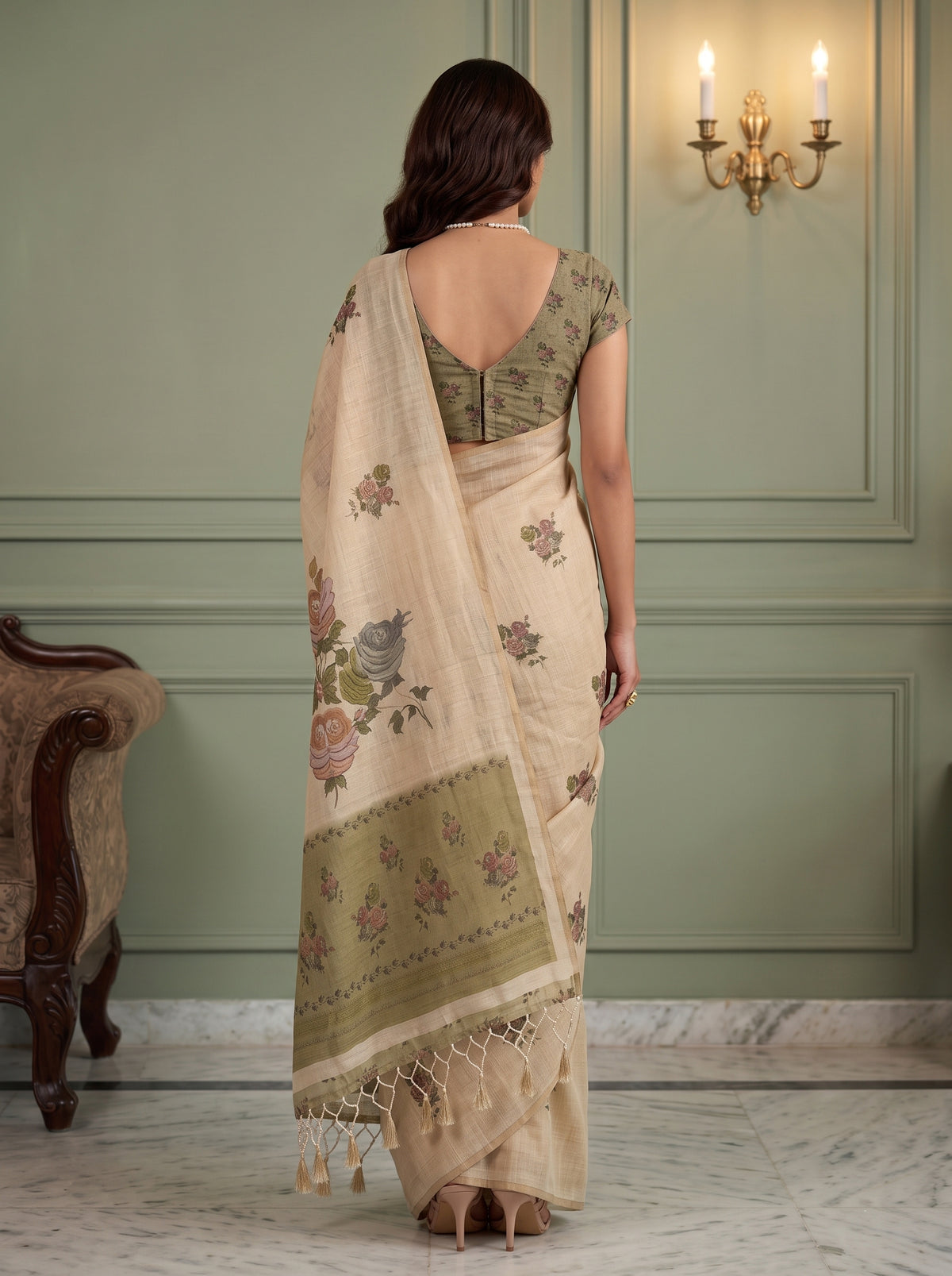 MIMOSA Olive Banarasi Linen Saree — saree shot pallu and body