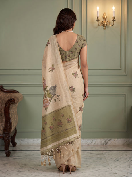MIMOSA Olive Banarasi Linen Saree — saree shot pallu and body