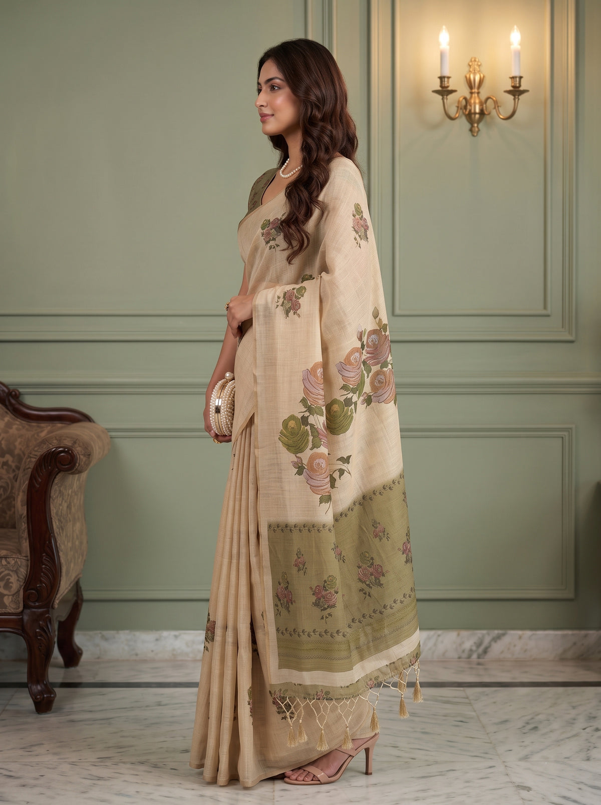 MIMOSA Olive Banarasi Linen Saree — pose 3 styling detail