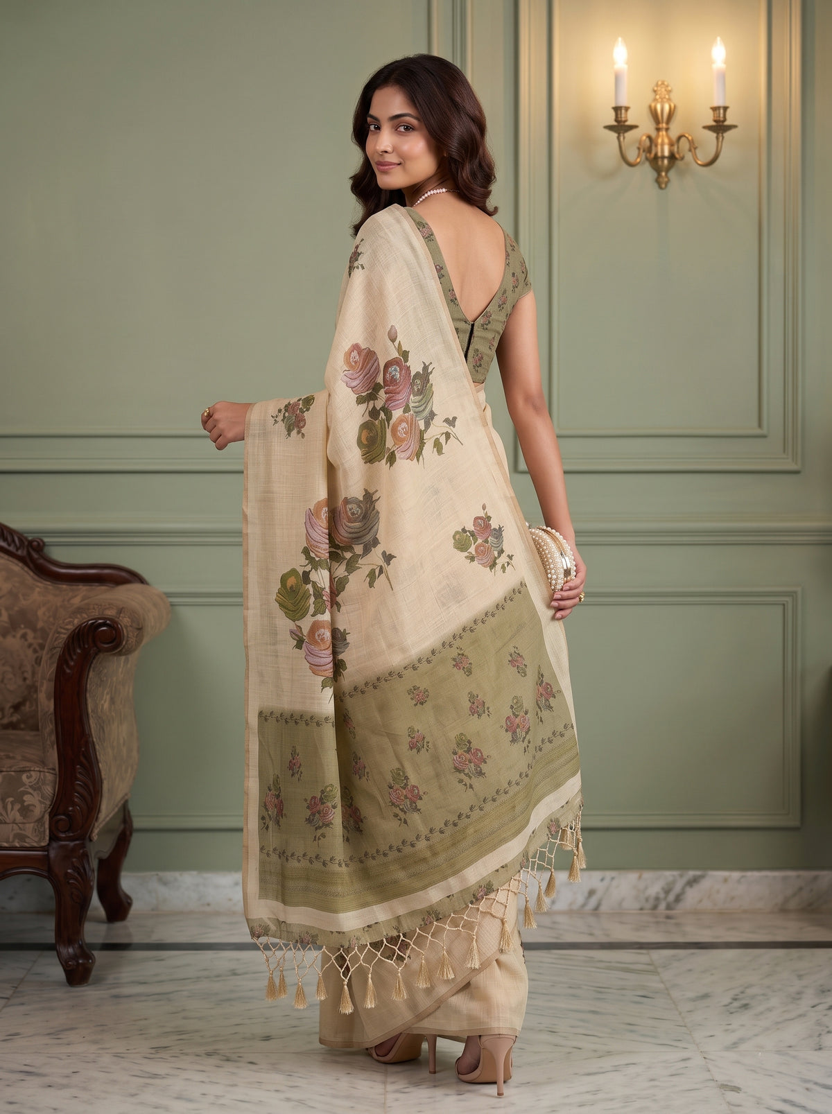 MIMOSA Olive Banarasi Linen Saree — pose 7 styling detail