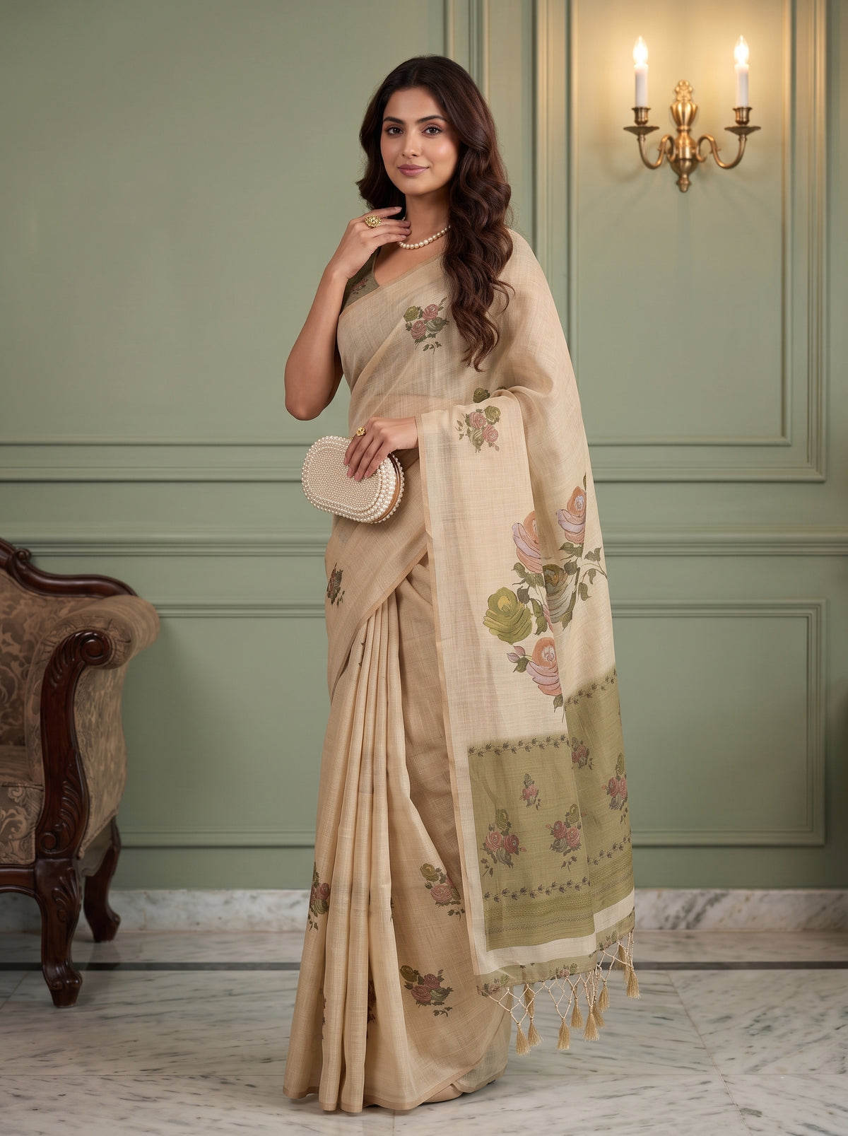 MIMOSA Olive Banarasi Linen Saree — pose 9 styling detail