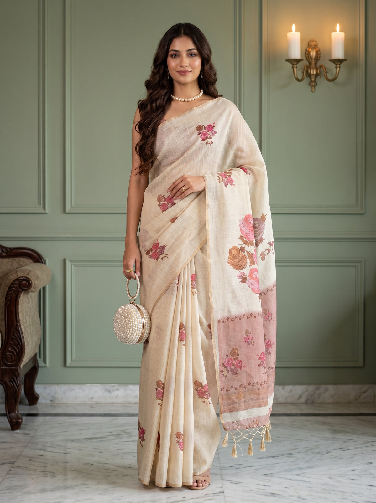 MIMOSA Peach Banarasi Linen Saree — AI Model lifestyle pose
