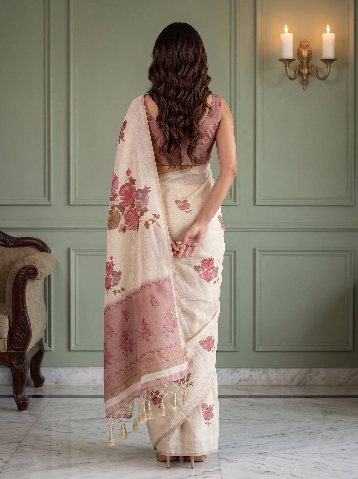 MIMOSA Peach Banarasi Linen Saree — saree shot pallu and body