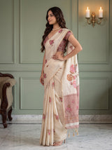 MIMOSA Peach Banarasi Linen Saree — pose 3 styling detail
