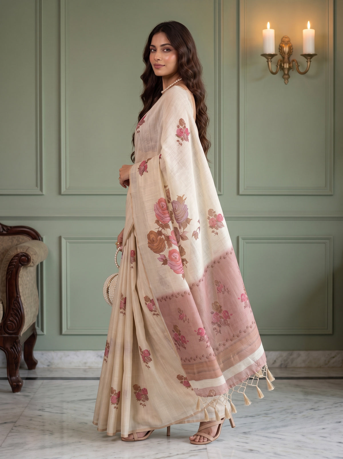 MIMOSA Peach Banarasi Linen Saree — pose 5 styling detail