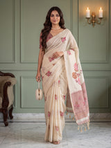 MIMOSA Peach Banarasi Linen Saree — pose 6 styling detail