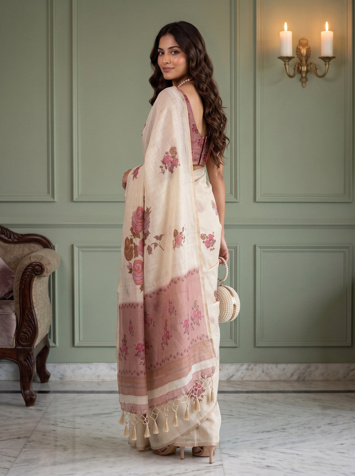 MIMOSA Peach Banarasi Linen Saree — pose 7 styling detail