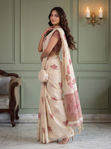MIMOSA Peach Banarasi Linen Saree — pose 9 styling detail